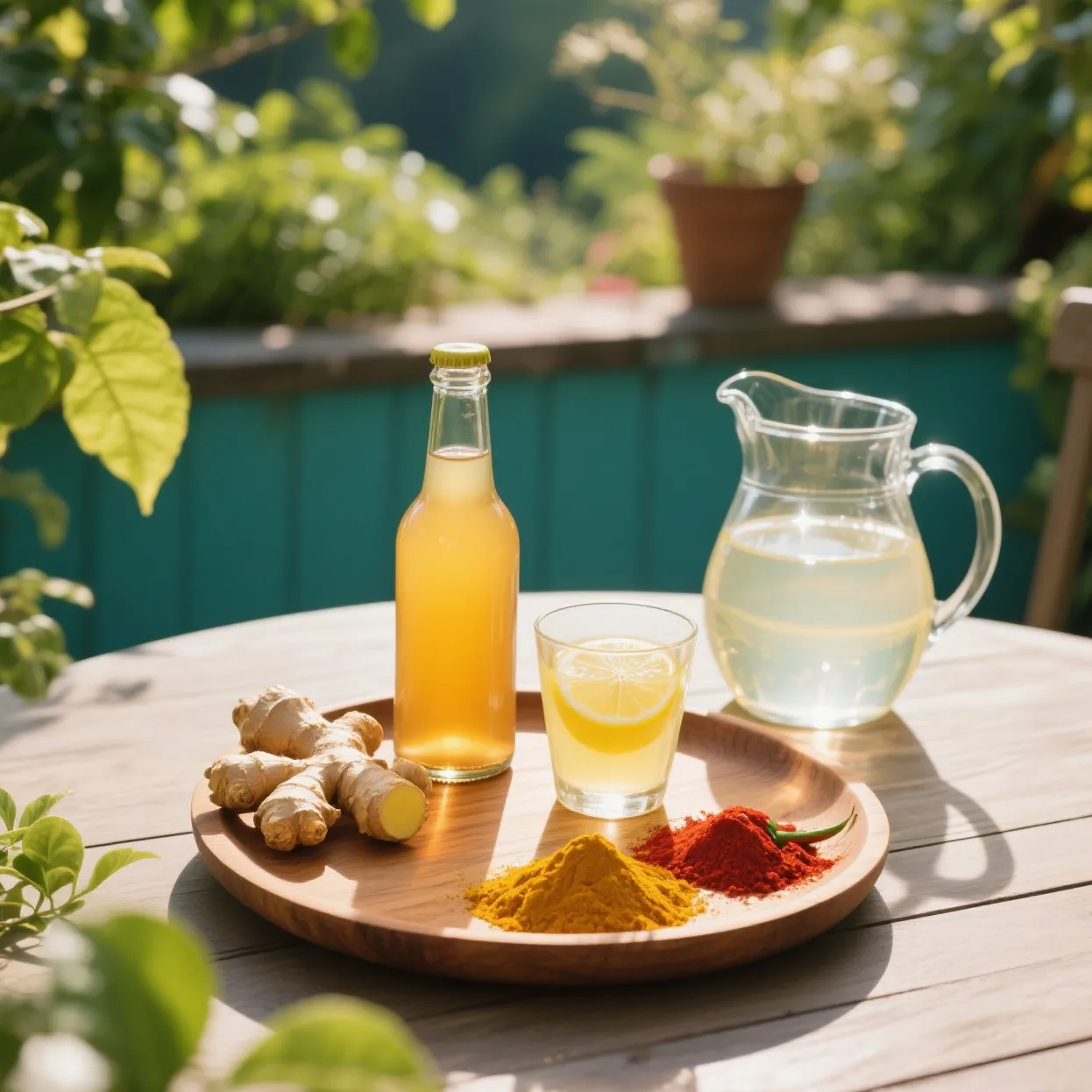 Fresh ingredients including apple cider vinegar, lemon, turmeric, and ginger