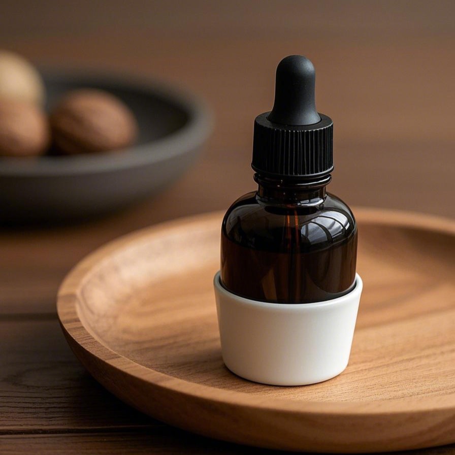 A dark amber bottle of black walnut tincture with fresh black walnuts