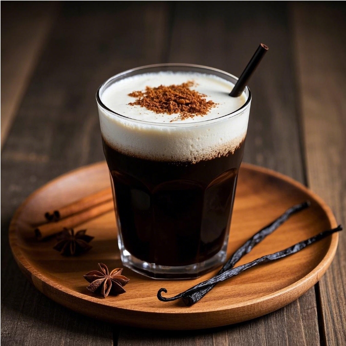 A glass of black milk with nutmeg garnish