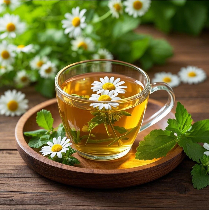 A cup of chamomile and lemon balm tea with fresh herbs