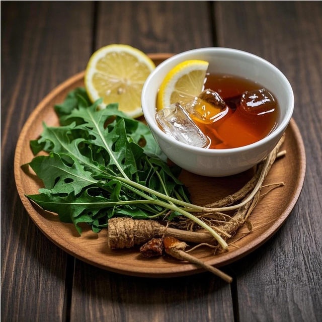 Fresh dandelion leaves, roots, lemons, and honey arranged on a wooden surface