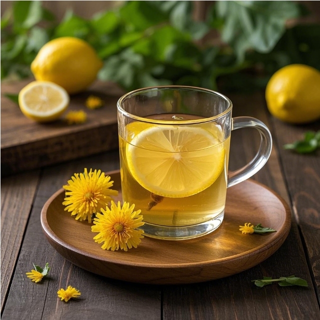 A refreshing glass of dandelion lemonade garnished with lemon slices and fresh dandelion flowers