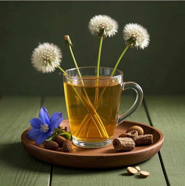 A bottle of dandelion and gentian bitter tonic with fresh herbs