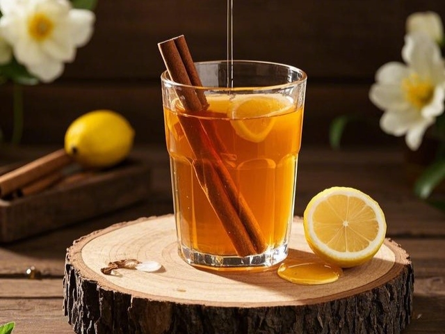 A cup of warm cinnamon tea with cinnamon sticks and honey